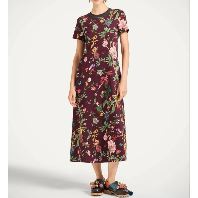 La Double J Zooflora Burgundy Cotton Jersey Casual Dress Medium
